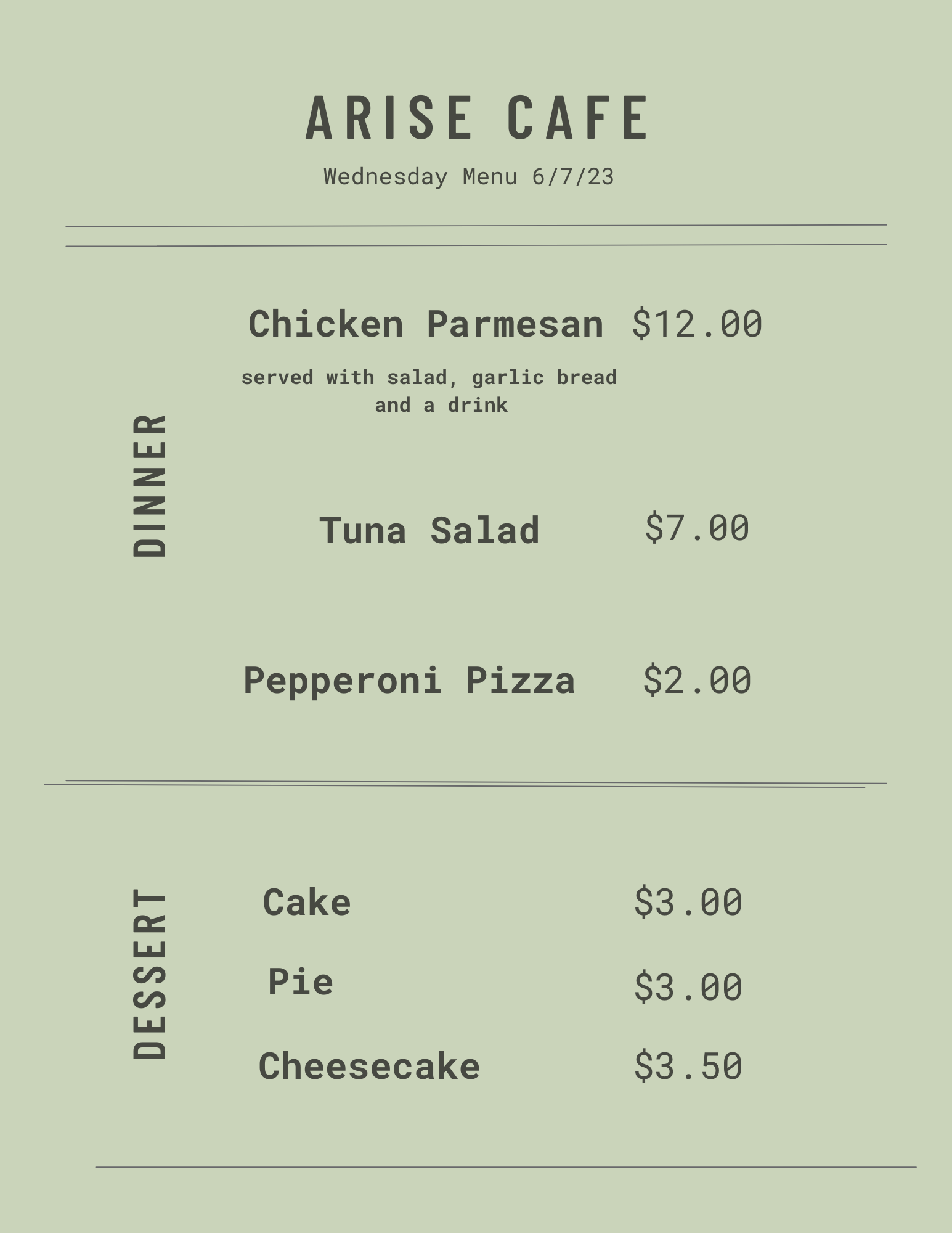 Wednesday Evening Menu